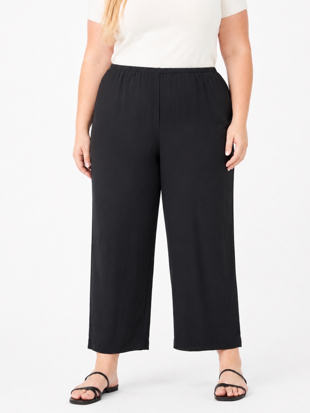 Eileen Fisher 1X Black 100% Silk Cropped Wide Leg Zip Pants Quiet Luxury